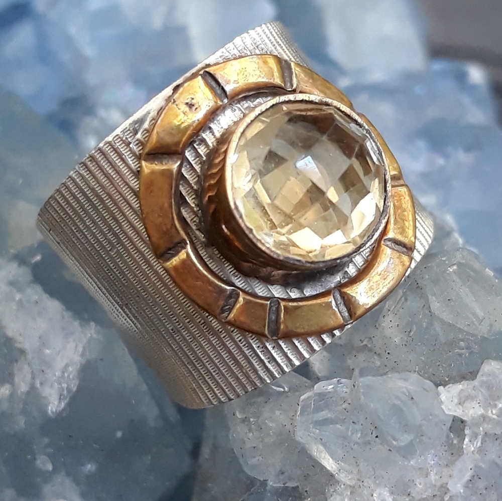 Natural Yellow Citrine Handmade Two Tone Ring